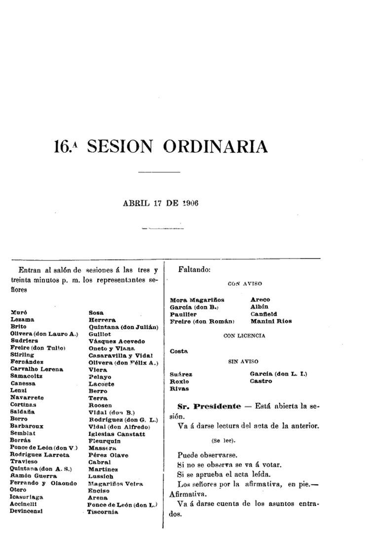 DIARIO DE SESIONES DE LA CAMARA DE REPRESENTANTES del 17/04/1906